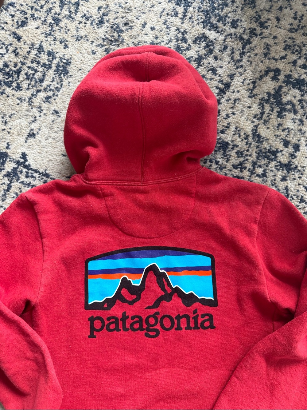 Patagonia Men’s Red Hoodie with Multicolor Mountain Logo